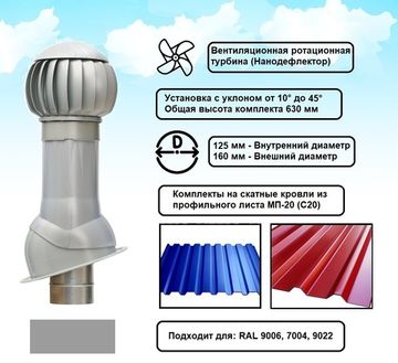 Готовый комплект, изолированный на скатные кровли из профильного листа МП-20 (С20) d 125/160 мм, цвет серебристый RAL 9022, серия Twister
