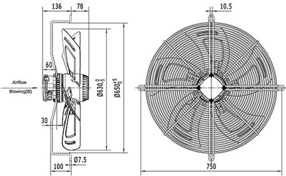Вентилятор Ванвент YWF4E-630B-137/70-G нагнетающий (приток) на сетке (10500 m/h)