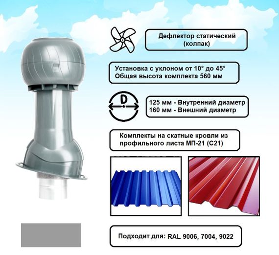 Готовый комплект, изолированный на скатные кровли из профильного листа МП-21 (С21) d 125/160 мм, цвет серебристый RAL 9022, серия Static