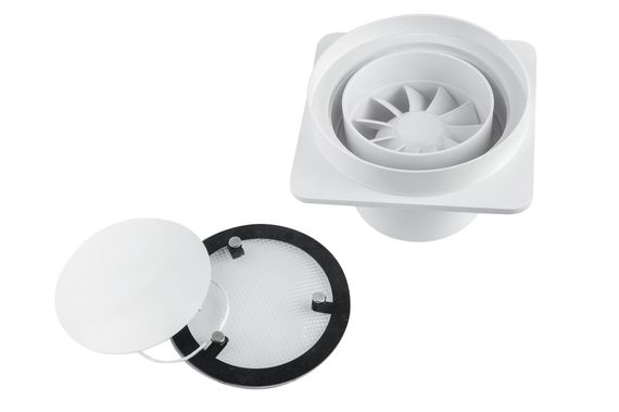 Решетка скрытого монтажа для натяжного потолка SECRET d150мм с вентилятором на шарикоподшипнике d100мм c выходом на трубу 100/125мм