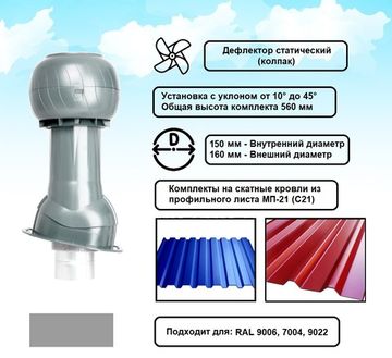 Готовый комплект, изолированный на скатные кровли из профильного листа МП-21 (С21) d 150/160 мм, цвет серебристый RAL 9022, серия Static