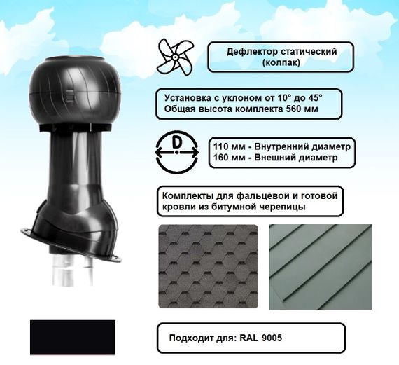 Готовый комплект, изолированный для фальцевой и готовой кровли из битумной черепицы d 110/160 мм, цвет черный RAL 9005, серия Static