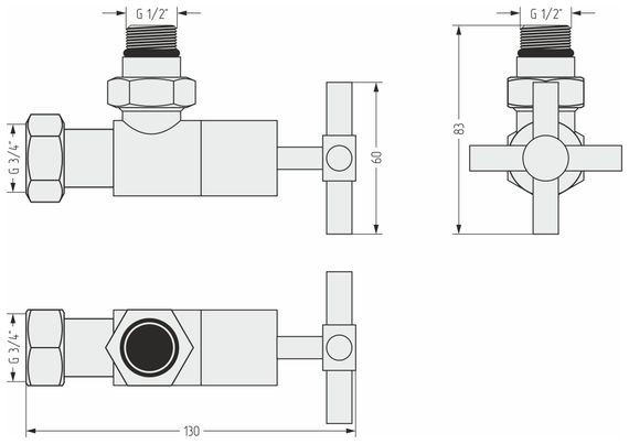 Вентиль угловой (крест) G 1/2" НР х G 3/4" НГ (Золотой шёлк)