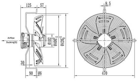 Вентилятор Ванвент YWF4D-400S-102/47-G вытяжной (всасывание) на сетке (3700 m/h)