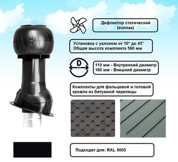 Готовый комплект, изолированный для фальцевой и готовой кровли из битумной черепицы d 110/160 мм, цвет черный RAL 9005, серия Static