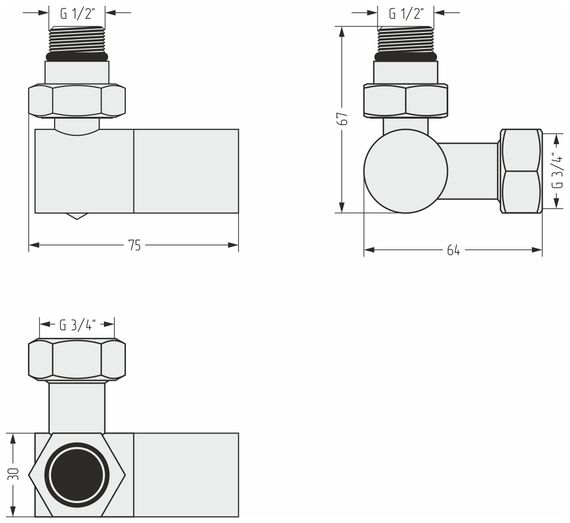 Вентиль 3D левый (цилиндр) G 1/2" НР х G 3/4" НГ (Золотой шёлк)