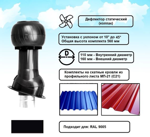 Готовый комплект, изолированный на скатные кровли из профильного листа МП-21 (С21) d 110/160 мм, цвет черный RAL 9005, серия Static