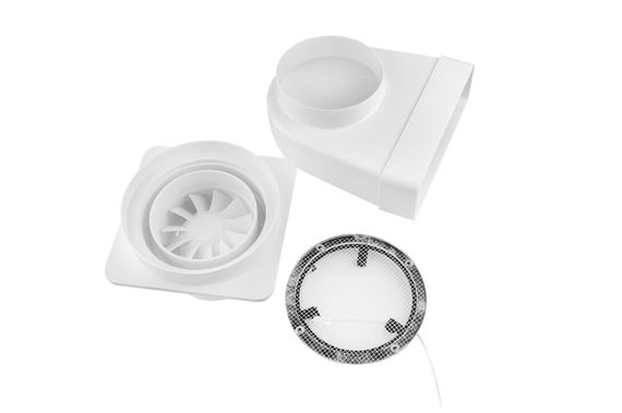 Решетка скрытого монтажа для натяжного потолка SECRET d150мм с вентилятором на шарикоподшипнике d100мм с выходом на трубу 60х204мм