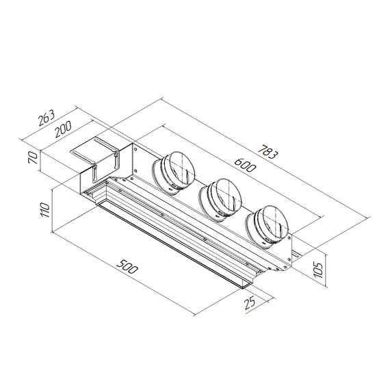 Provent VPNDU 500х25/90×3 компактный щелевой диффузор для натяжного потолка с КСД на 3 выхода