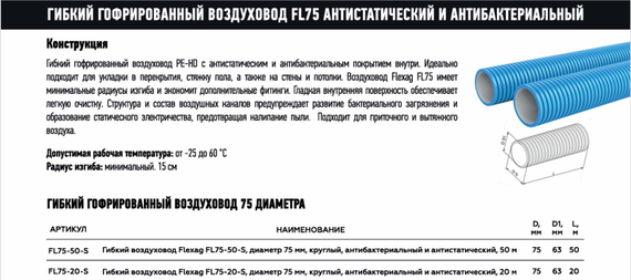 Гибкий воздуxовод Flexag FL75-20-S, диаметр 75 мм, круглый, антибактериальный и антистатический, 20 м