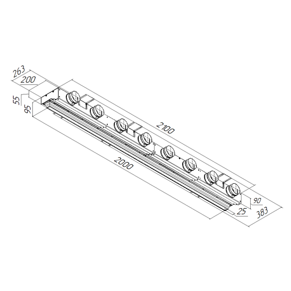 Provent VPNDU 2000х25/75х8 компактный щелевой диффузор для натяжного потолка с КСД на 8 выходов