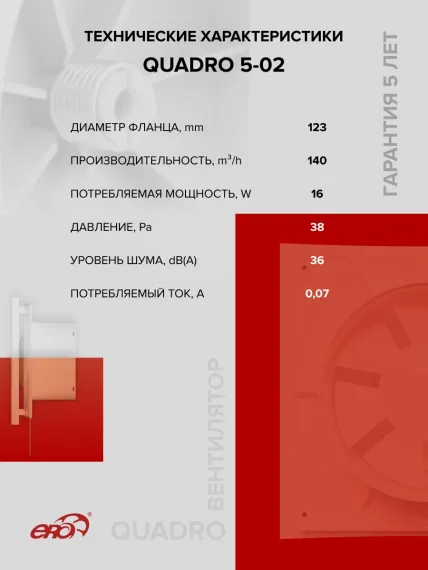 Вентилятор накладной QUADRO D125 тяг.выкл. ERA
