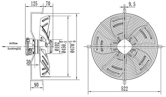 Вентилятор Ванвент YWF4E-450S-102/60-G вытяжной (всасывание) на сетке (5100 m/h)