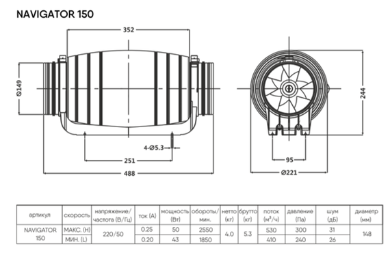 Вентилятор канальный NAVIGATOR 150мм (HDD-150P)