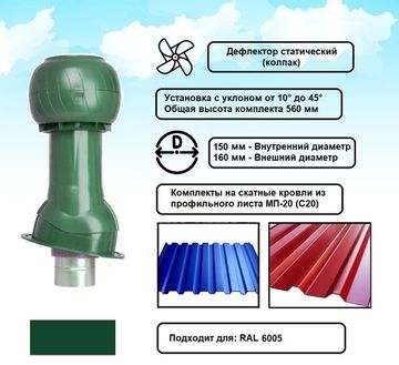 Готовый комплект, изолированный на скатные кровли из профильного листа МП-20 (С20) d 150/160 мм, цвет зеленый RAL 6005, серия Static