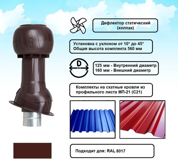 Готовый комплект, изолированный на скатные кровли из профильного листа МП-21 (С21) d 125/160 мм, цвет коричневый RAL 8017, серия Static