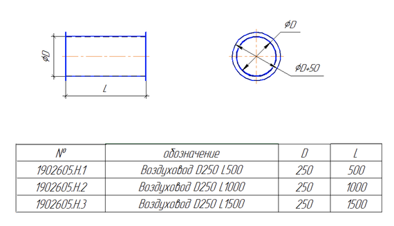 Воздуховод круглый 250 мм 0,5 м полипропилен