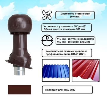 Готовый комплект, изолированный на скатные кровли из профильного листа МП-21 (С21) d 110/160 мм, цвет коричневый RAL 8017, серия Static