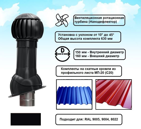 Готовый комплект, изолированный на скатные кровли из профильного листа МП-20 (С20) d 150/160 мм, цвет черный RAL 9005, серия Twister