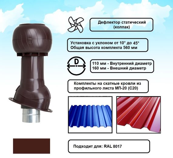 Готовый комплект, изолированный на скатные кровли из профильного листа МП-20 (С20) d 110/160 мм, цвет коричневый RAL 8017, серия Static