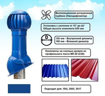 Готовый комплект, изолированный на скатные кровли из профильного листа МП-20 (С20) d 150/160 мм, цвет синий RAL 5005, серия Twister