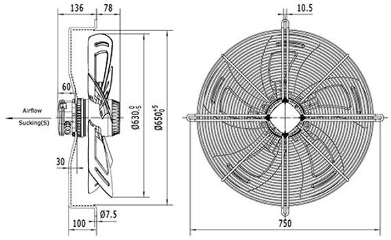 Вентилятор Ванвент YWF4D-630S-137/70-G вытяжной (всасывание) на сетке (11600 m/h)