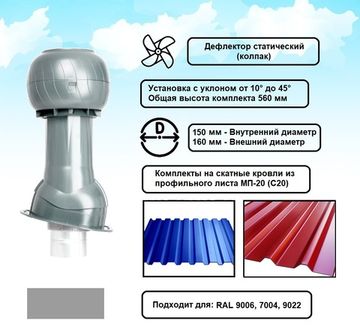 Готовый комплект, изолированный на скатные кровли из профильного листа МП-20 (С20) d 150/160 мм, цвет серебристый RAL 9022, серия Static